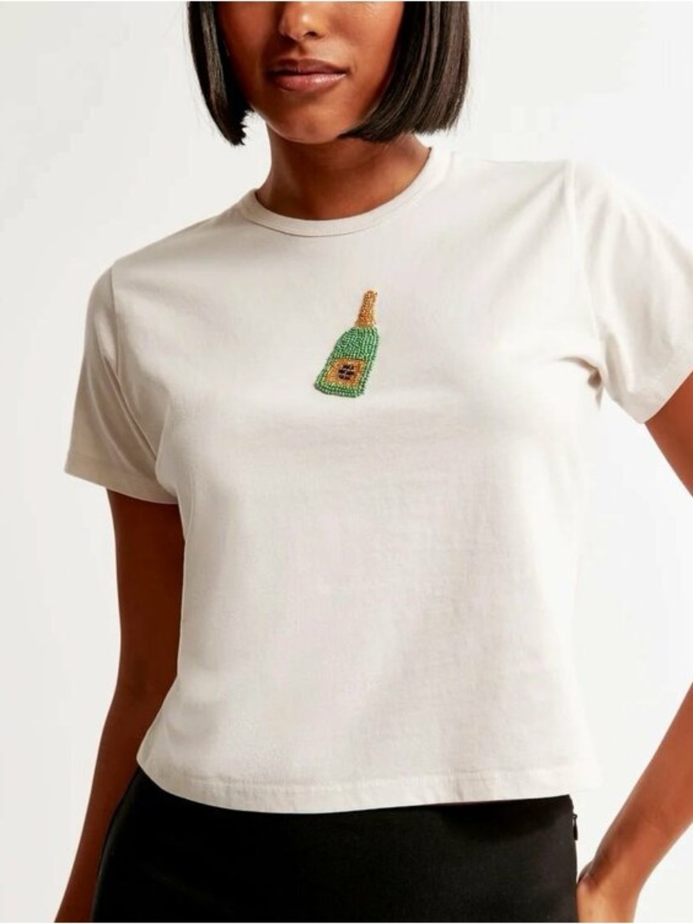 Abercrombie & Fitch White Short Sleeve Tee with Beaded Champagne Bottle Motif